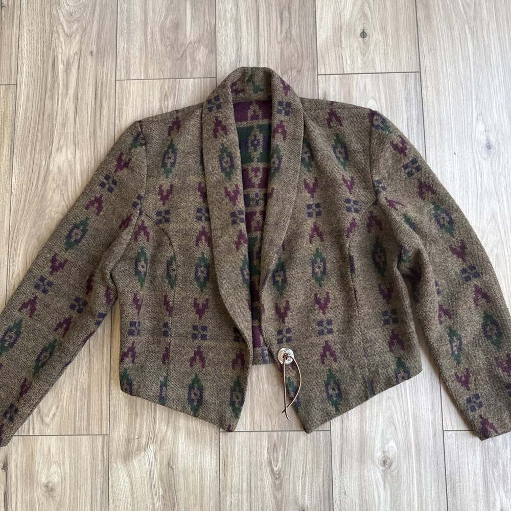 Vintage Mixed Blues Southwestern Wool Blend Blazer Single Button Jacket Womens L